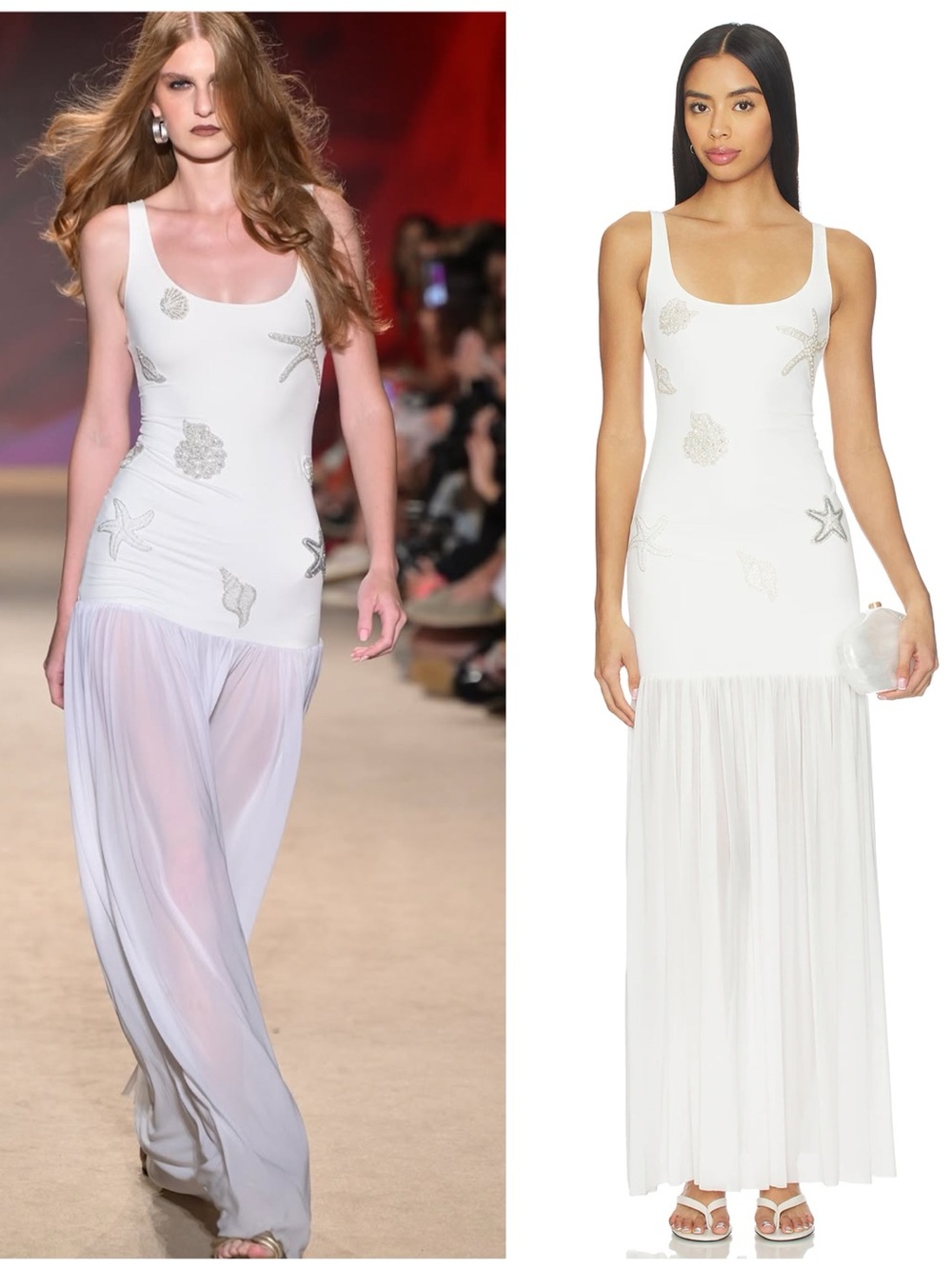 NWT Leslie Amon Flow Embellished Maxi Long Dress Seashell Beach White Beaded Sm